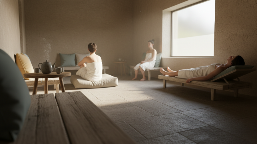 Relaxation in a bathhouse: a cozy lounge highlighting spa experience comparison.