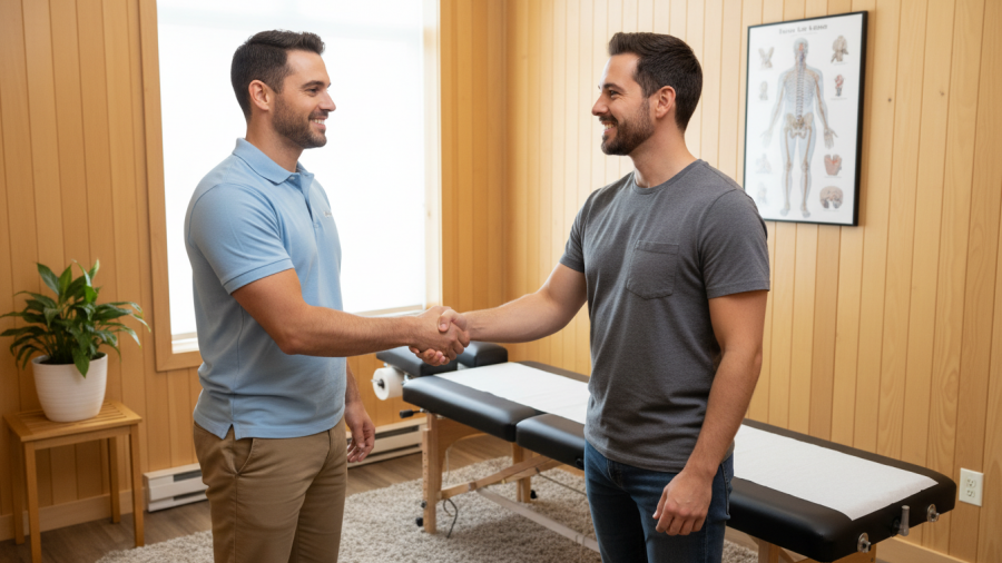 Chiropractor in a modern office greets a patient about spinal decompression therapy Sacramento.