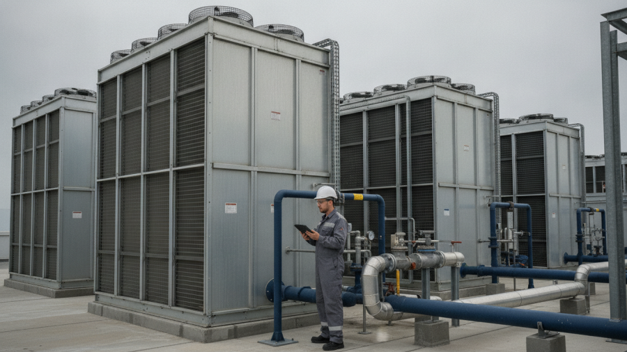 Technician inspects large industrial dry coolers in a data center's mechanical area.