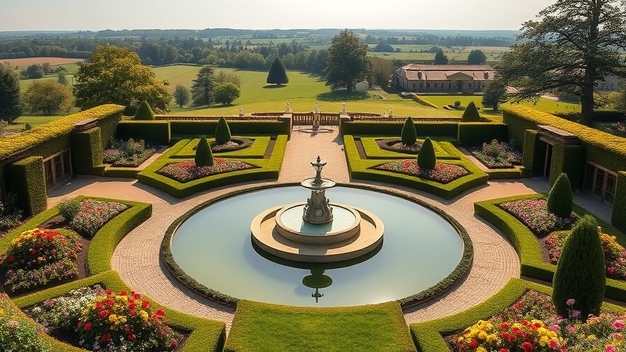 Photorealistic English formal garden with pond, fountain, and blooming flowers.