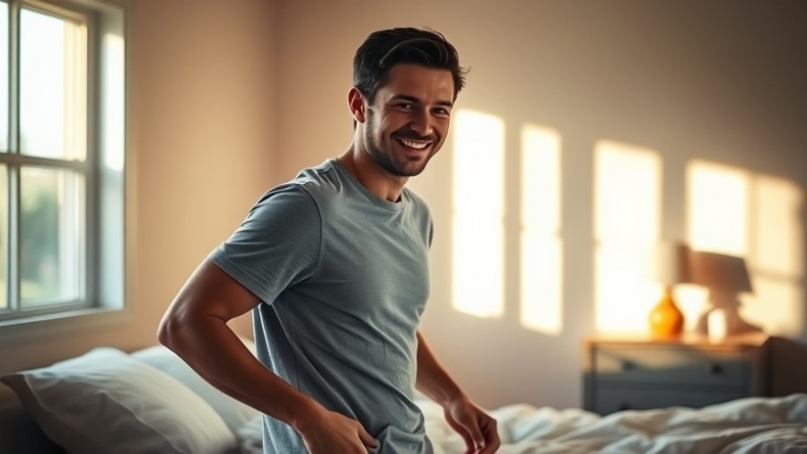 Morning routine tips for mental health awareness: a man starts his day with a smile.