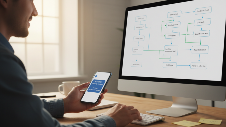 Smartphone on desk showing lead nurturing systems for effective content marketing strategies.