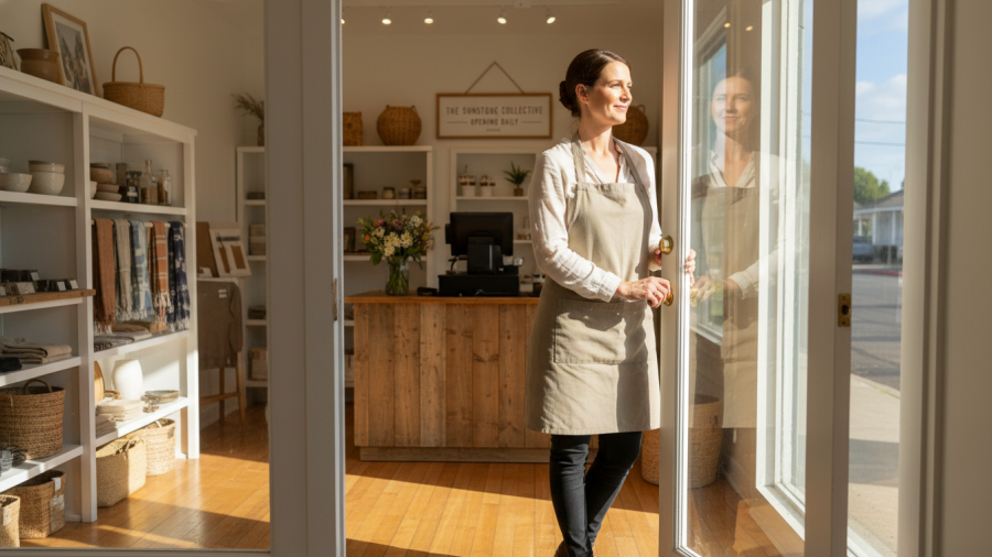 Small business owner poised for a new day, exemplifying brand storytelling and audience engagement.