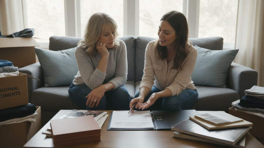 Client discusses privacy concerns with a home organizer during decluttering.