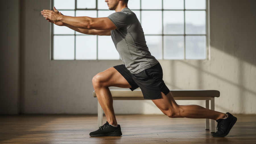 Strength training focus: man performing Bulgarian split squat for injury prevention.