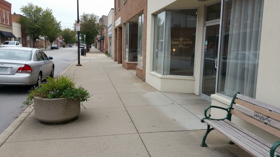 A tranquil downtown scene showcasing everyday life, contrasting with a spa visit.