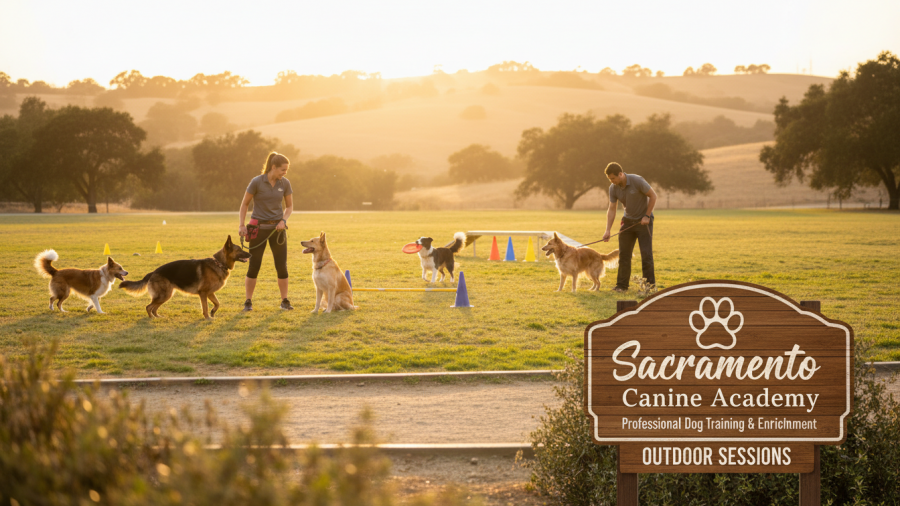 Professional dog training session outdoors in Sacramento for boarding services.