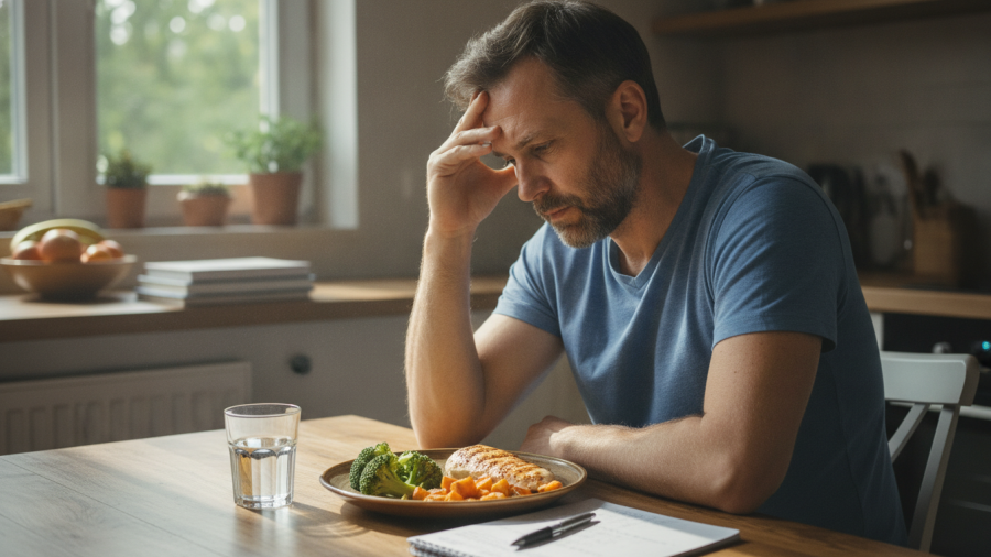 A weary man contemplates strict wellness rules at home, highlighting wellness fatigue.