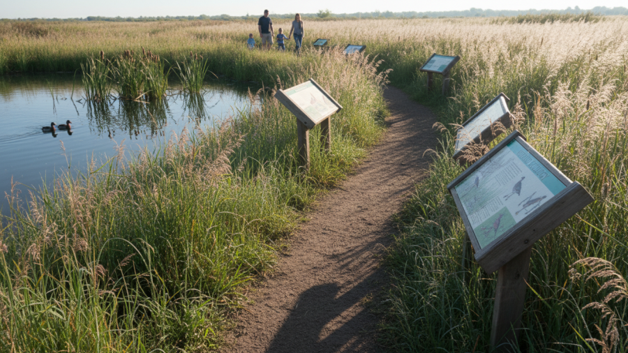 Close-up of Wetland Walk trail with ducks and grasses in morning light.