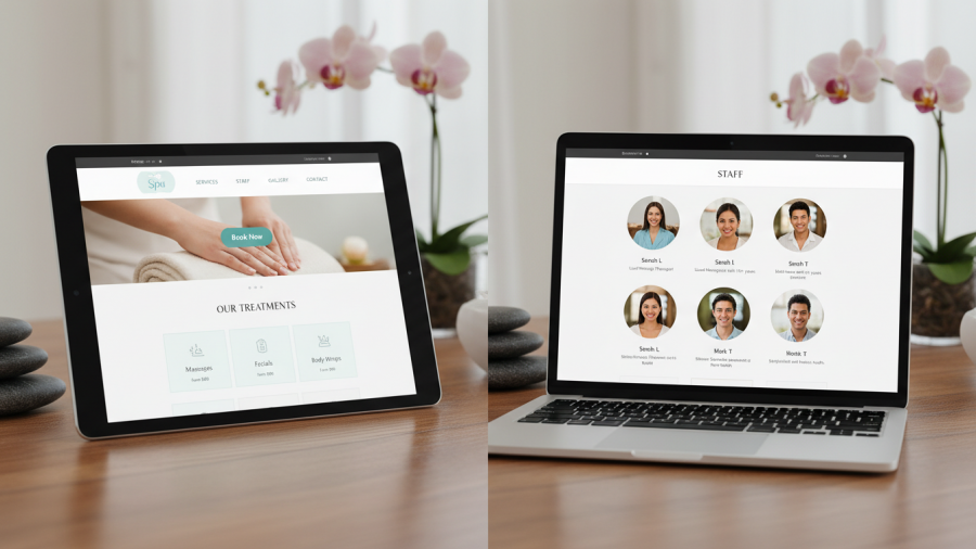 Professional spa website on tablet and laptop, featuring clear booking options and friendly staff profiles.