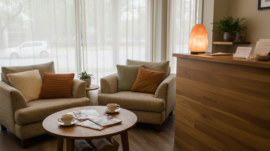 Cozy spa reception with warm lighting, enhancing massage recovery and comfort.