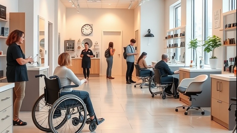Focused professionals discussing salon accessibility, reviewing information on tablet.