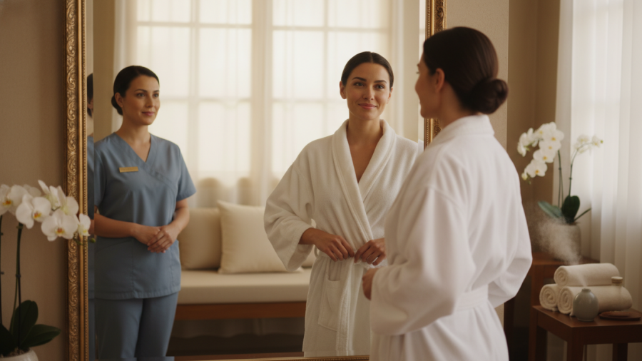 A serene spa scene highlighting beauty and confidence after treatments.