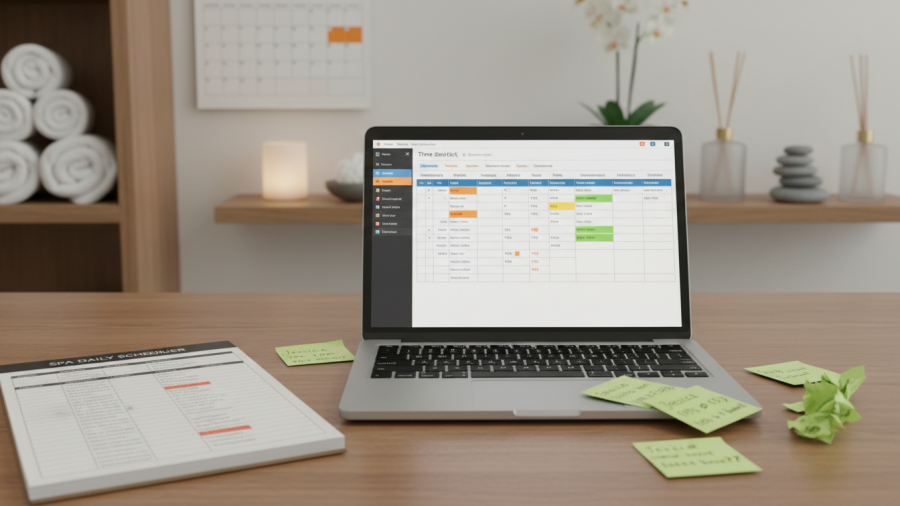 Behind-the-scenes spa workspace illustrating complex payroll management.