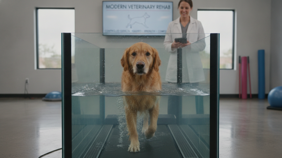 Dog recovering on an underwater treadmill for dogs, benefiting from canine aquatic therapy.