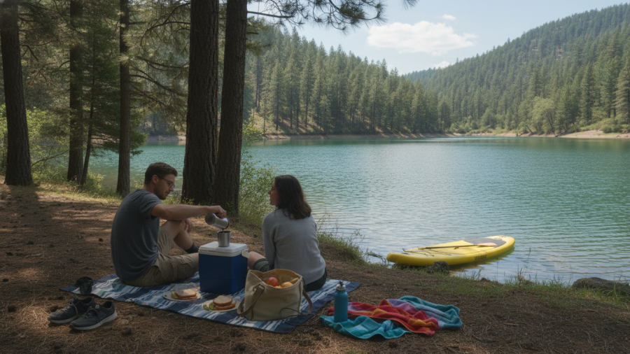 A quiet lakeside afternoon at a forested Northern California foothill lake. A couple sits on a blanket beneath pine trees several feet from the water, sharing a simple picnic from a small cooler.