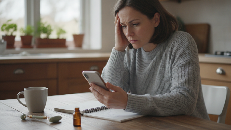 A woman showing signs of wellness burnout, overwhelmed by health advice.