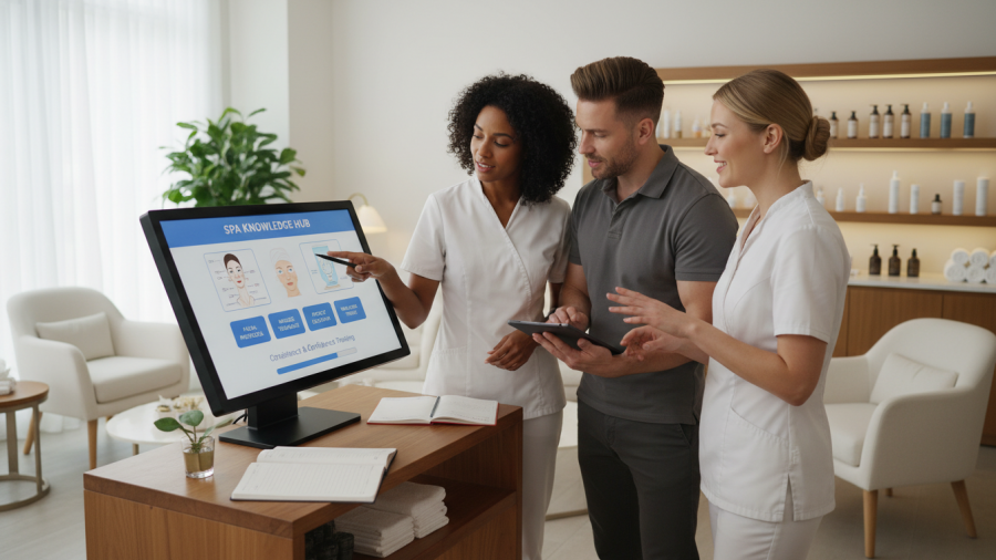 Spa team collaborating in a self-paced learning library for effective training.