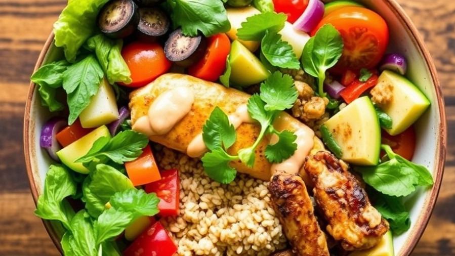 Colorful bowl with fresh veggies, protein, and grains showcasing healthy meal options.