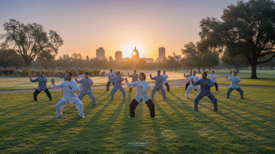 Group practicing Yang style tai chi in Sacramento's McKinley Park at sunrise for stress relief.