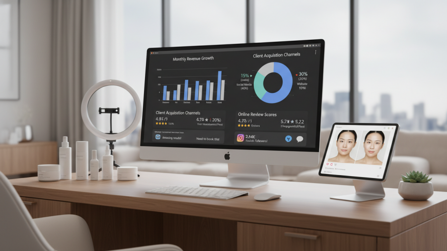 Modern med spa office with analytics display, skincare products, and engagement metrics.