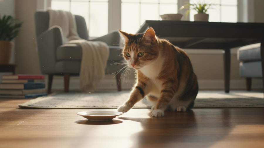 Curious cat watching an object fall, highlighting why do cats knock things off shelves.