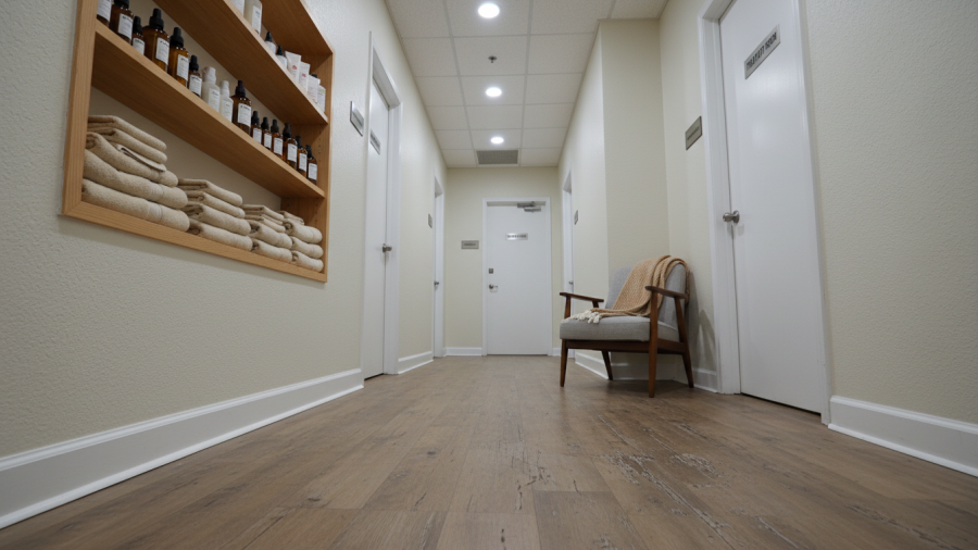 Interior hallway of a day spa, showcasing treatment rooms for regular clients.
