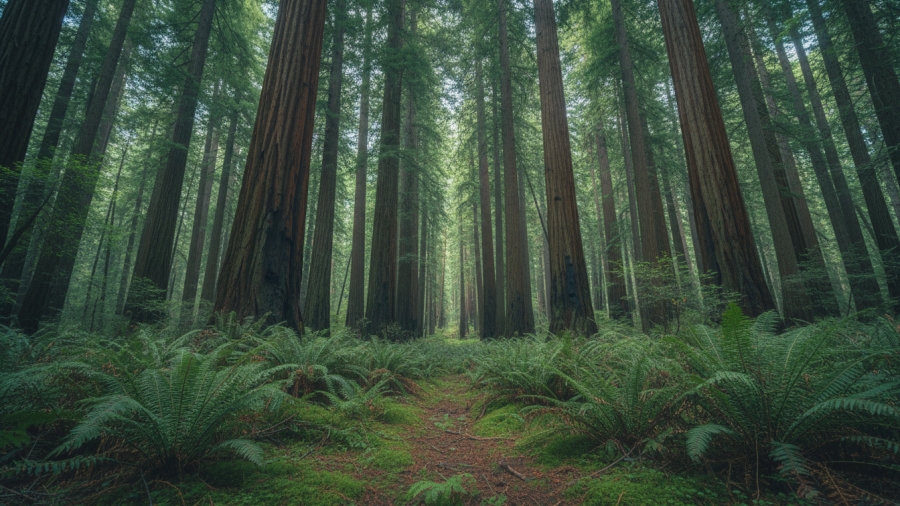 Tranquil redwood grove view, showcasing towering trees and soft green light.