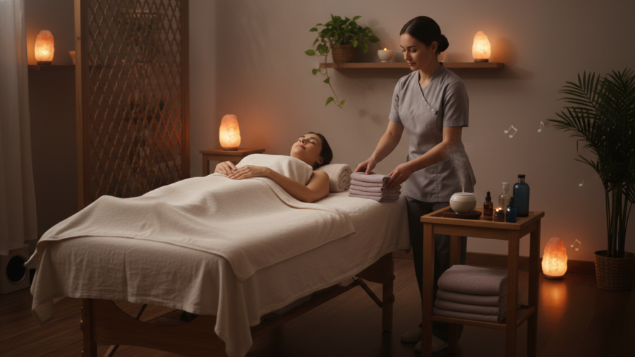 Serene treatment room setup with a guest ready for a calming therapy session.