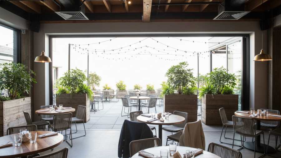 Relaxed community dining in Sacramento featuring indoor-outdoor seating.
