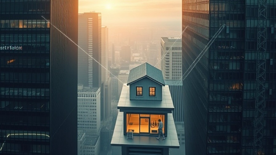 Aerial view of a small storefront with digital beams symbolizing AI research automation for SMBs.