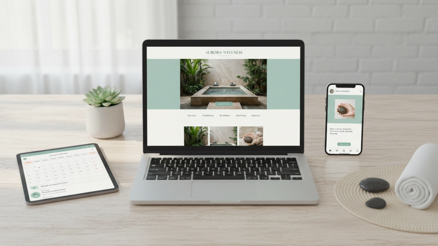 Cohesive spa brand across digital touchpoints with calming colors.