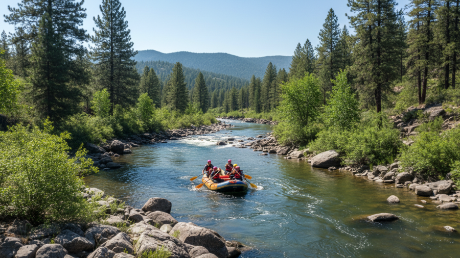 A small rafting group navigates the river, showcasing Auburn State Recreation Area's hiking difficulty.