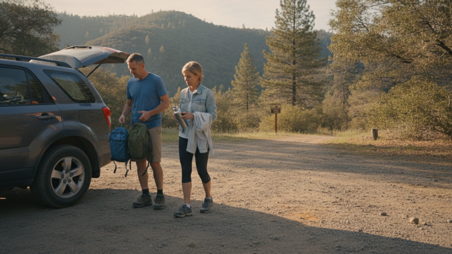 A wide summer scene at a forested foothill lake. The scene feels active but uncrowded, showing several ways people can spend an ordinary afternoon at the lake.