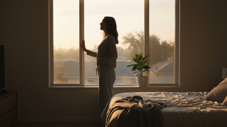 A silhouette of self-acceptance in morning light, promoting body image resilience.