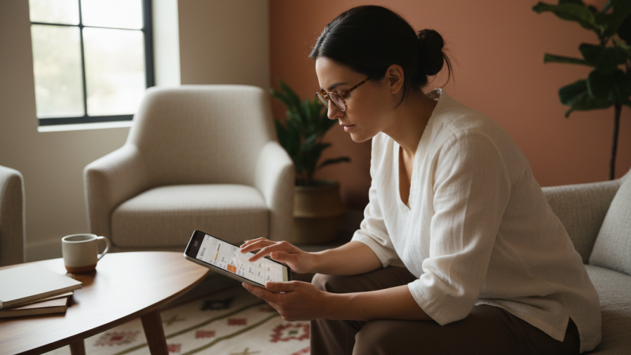 Spa staff member managing digital schedule on tablet in cozy, natural light setting.