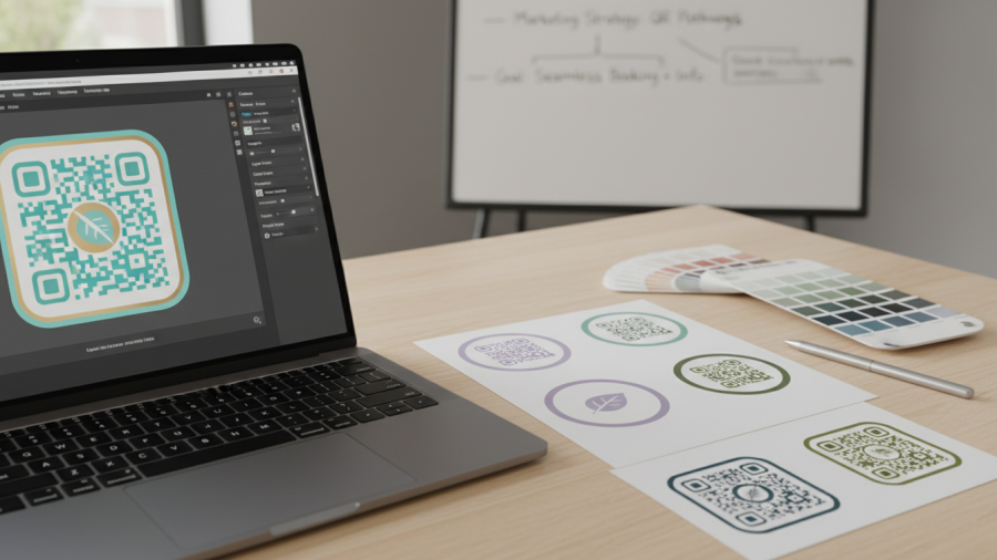Spa manager designing QR materials at a well-organized workspace.