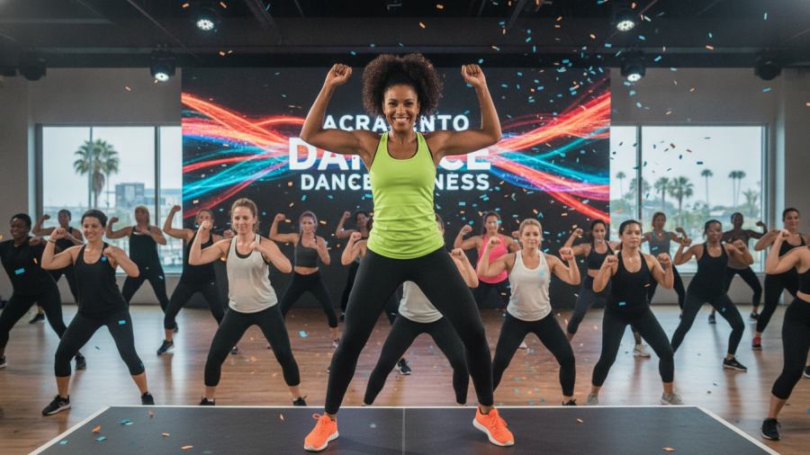 Sacramento dance fitness instructor leading a lively group workout class.