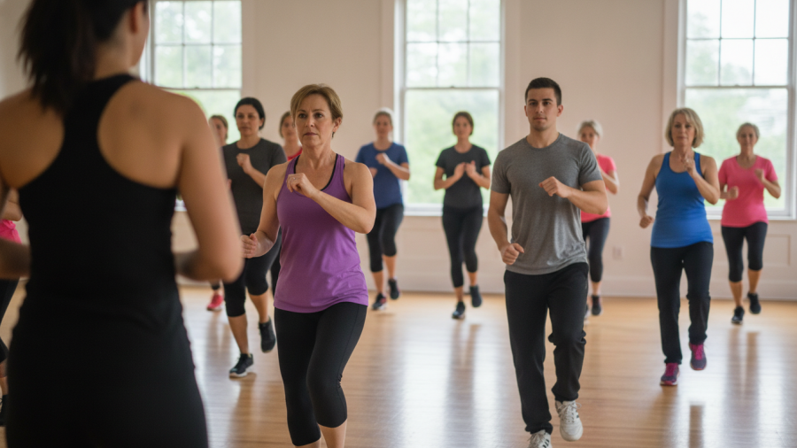 Energetic dance fitness class in Sacramento's vibrant indoor studio.