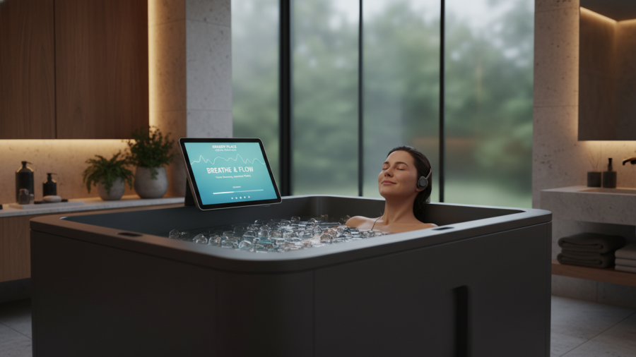 Ice bath wellness with guided content for calm breathing and awareness.