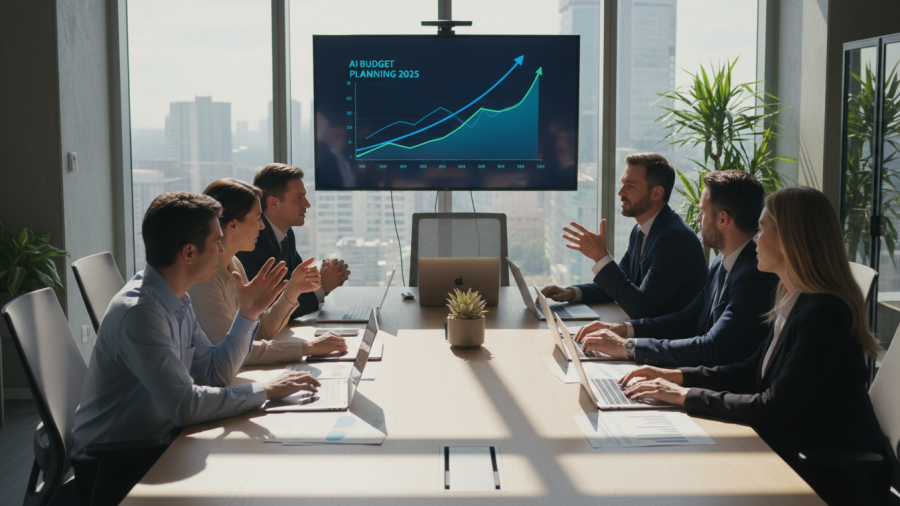 Executive meeting on AI integration, showcasing team discussion and investment growth.