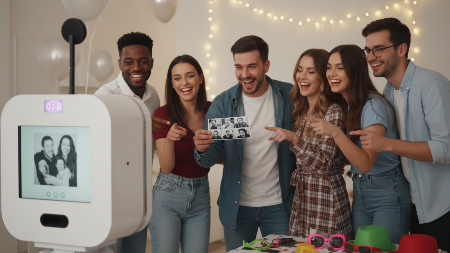 Friends and couple enjoying instant prints from a photo booth rental in Sacramento.