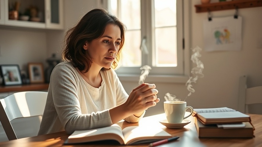 A thoughtful woman reflecting on memory health over a morning coffee.