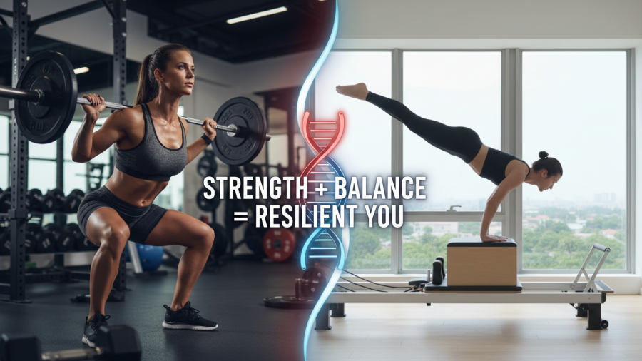 Core control and injury prevention through balanced strength training and Pilates.