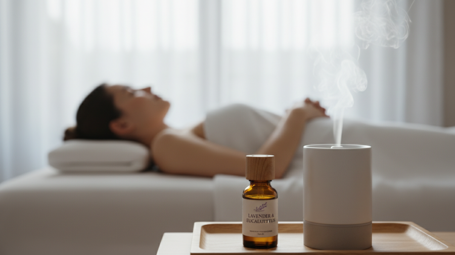 Essential oils in a spa setting, enhancing relaxation with soothing vapor.
