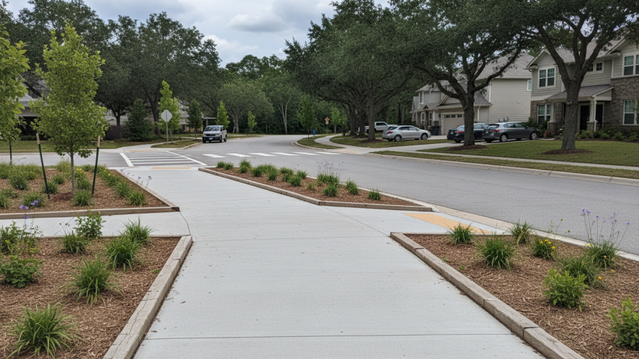 Photorealistic wider paved trail section for comfortable access, ideal for first-time visitors.