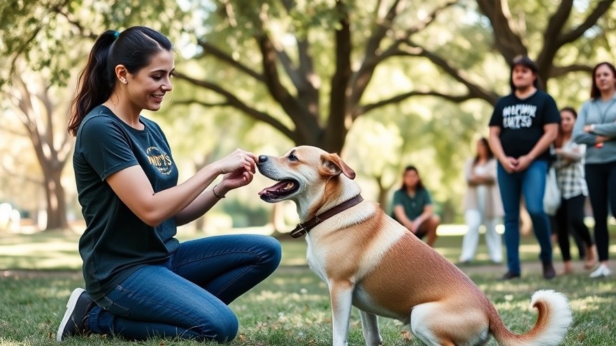 Dog trainer guides rescue dog to sit in leafy Sacramento park with Midtown Mutts logo
