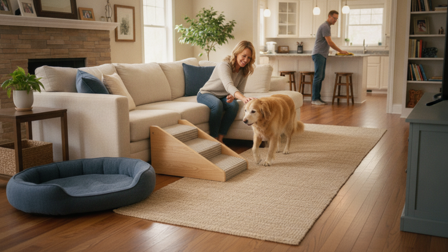 A senior dog in a cozy living room, showcasing adaptations for healthy aging and dog longevity.
