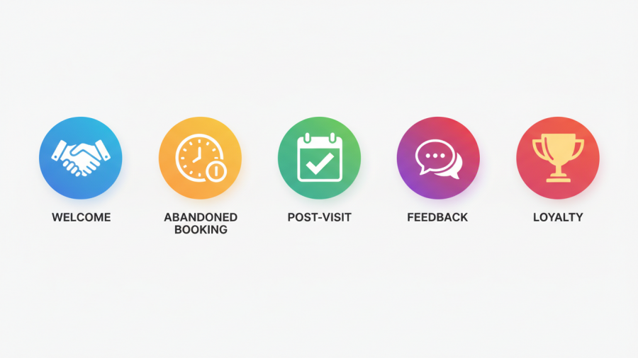 Colorful icons for automated email marketing in spa customer engagement.