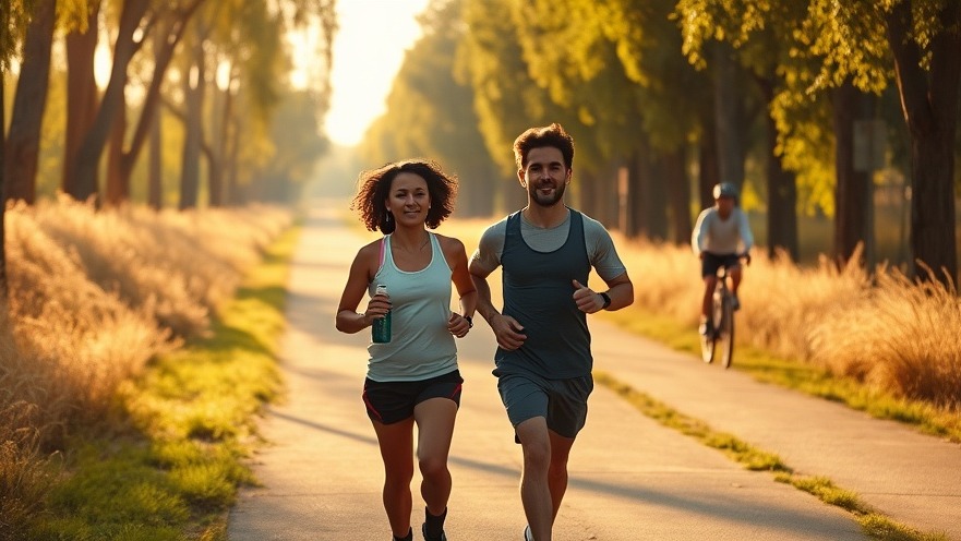 Friends jogging in Sacramento's trail, promoting belly fat reduction and heart health.